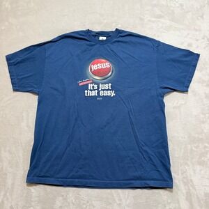 VTG AAA Kerusso Jesus Easy Button Parody TShirt Men 2XL Blue Christian Faith Y2K